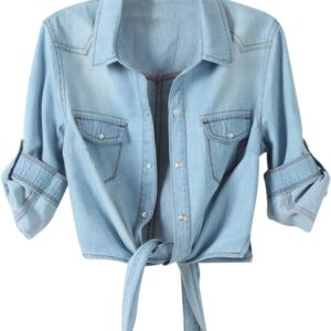 Omoone Women's 3/4 Sleeve Denim Crop Top Tie Knot Shirt Cardigan